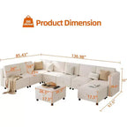 Divano componibile a L Acekool a 9 posti, con pouf contenitore, trasformabile in letto, per soggiorno, camera da letto, beige