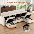 Divano componibile a L Acekool a 9 posti, con pouf contenitore, trasformabile in letto, per soggiorno, camera da letto, beige