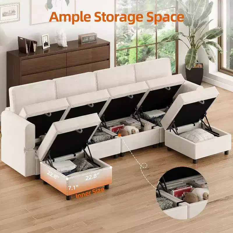 Divano componibile a L Acekool a 9 posti, con pouf contenitore, trasformabile in letto, per soggiorno, camera da letto, beige
