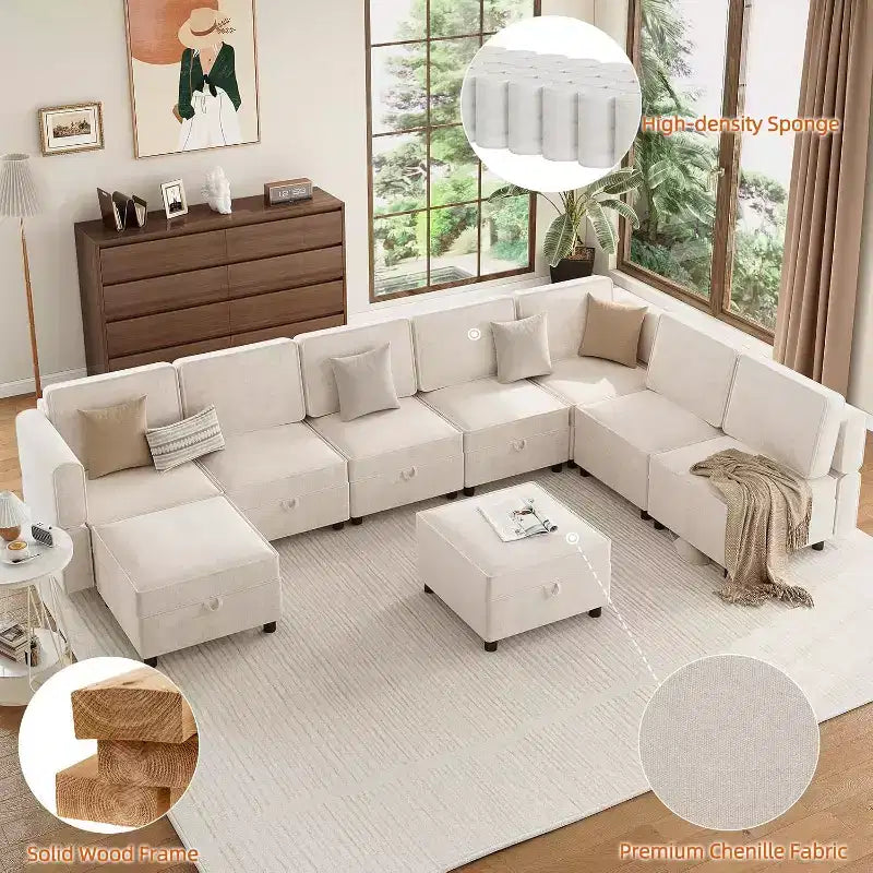 Divano componibile a L Acekool a 9 posti, con pouf contenitore, trasformabile in letto, per soggiorno, camera da letto, beige