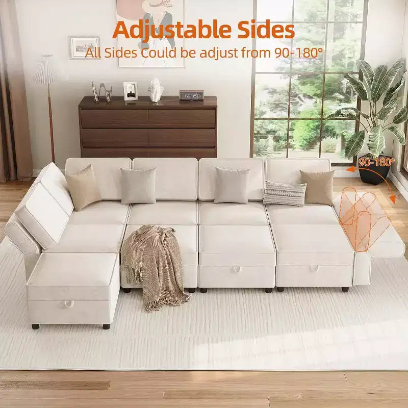 Divano componibile a L Acekool a 9 posti, con pouf contenitore, trasformabile in letto, per soggiorno, camera da letto, beige