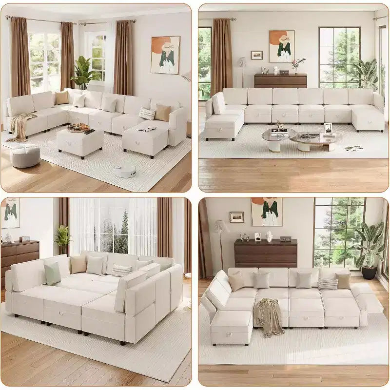 Divano componibile a L Acekool a 9 posti, con pouf contenitore, trasformabile in letto, per soggiorno, camera da letto, beige