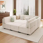 Divano componibile a L Acekool a 9 posti, con pouf contenitore, trasformabile in letto, per soggiorno, camera da letto, beige