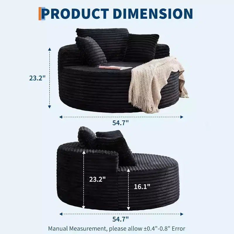 Poltrona a sdraio rotonda, divano a nuvola boneless moderno in velluto a coste oversize da interno 140 x 140 cm, divano singolo con 4 cuscini e seduta profonda per ufficio domestico