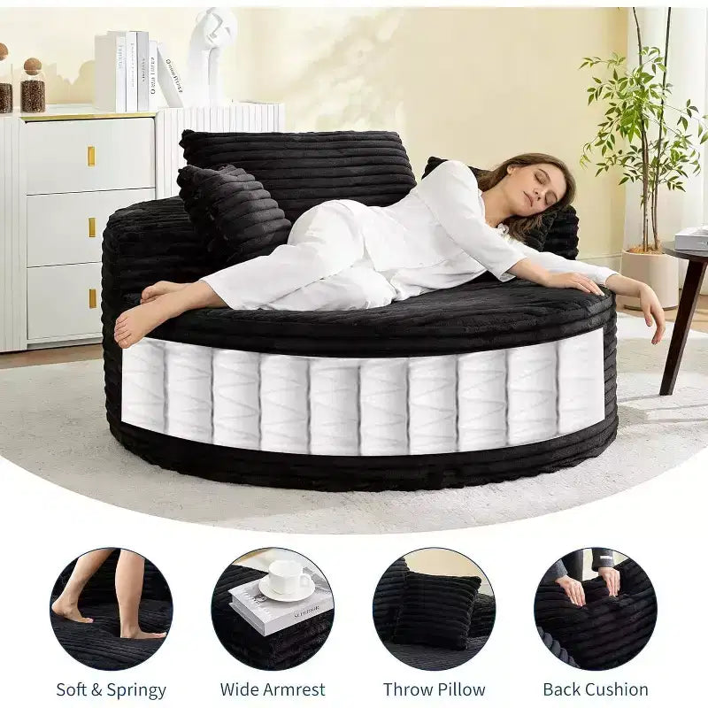 Poltrona a sdraio rotonda, divano a nuvola boneless moderno in velluto a coste oversize da interno 140 x 140 cm, divano singolo con 4 cuscini e seduta profonda per ufficio domestico
