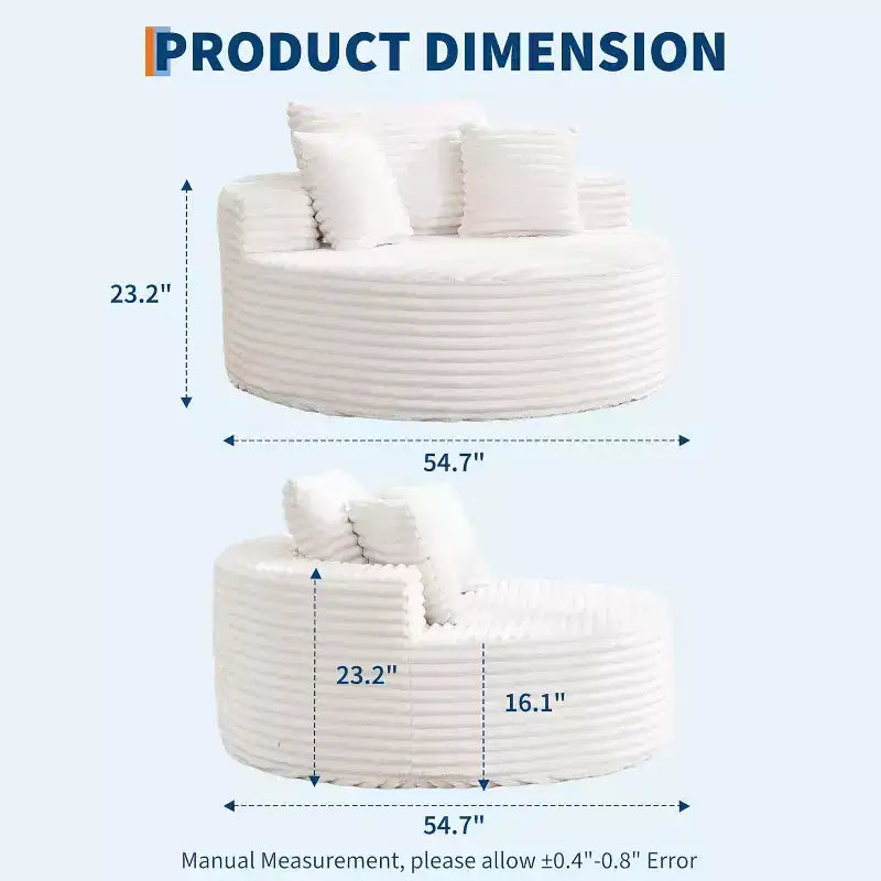Poltrona a sdraio rotonda, divano a nuvola boneless moderno in velluto a coste oversize da interno 140 x 140 cm, divano singolo con 4 cuscini e seduta profonda per ufficio domestico