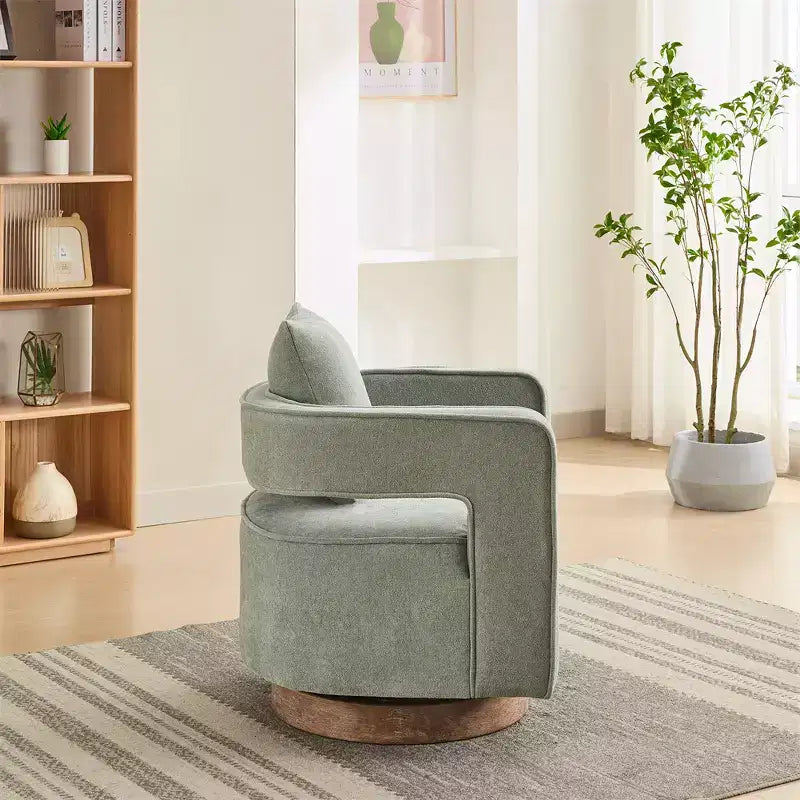 Divani moderni in tessuto, poltrona girevole a 360 gradi con base in legno e 1 cuscino, per soggiorno, camera da letto, cameretta, ufficio, hotel