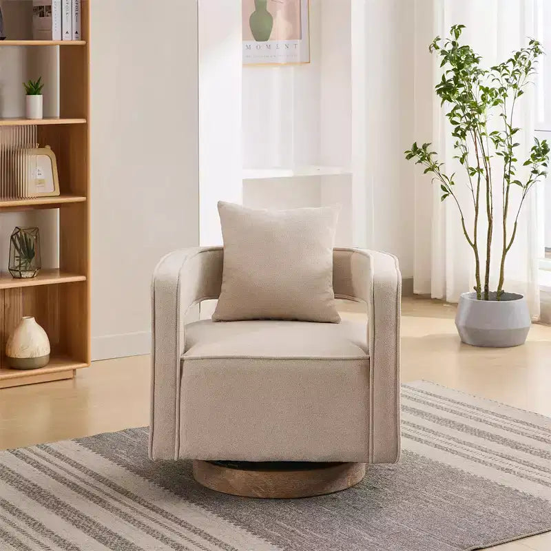 Divani moderni in tessuto, poltrona girevole a 360 gradi con base in legno e 1 cuscino, per soggiorno, camera da letto, cameretta, ufficio, hotel