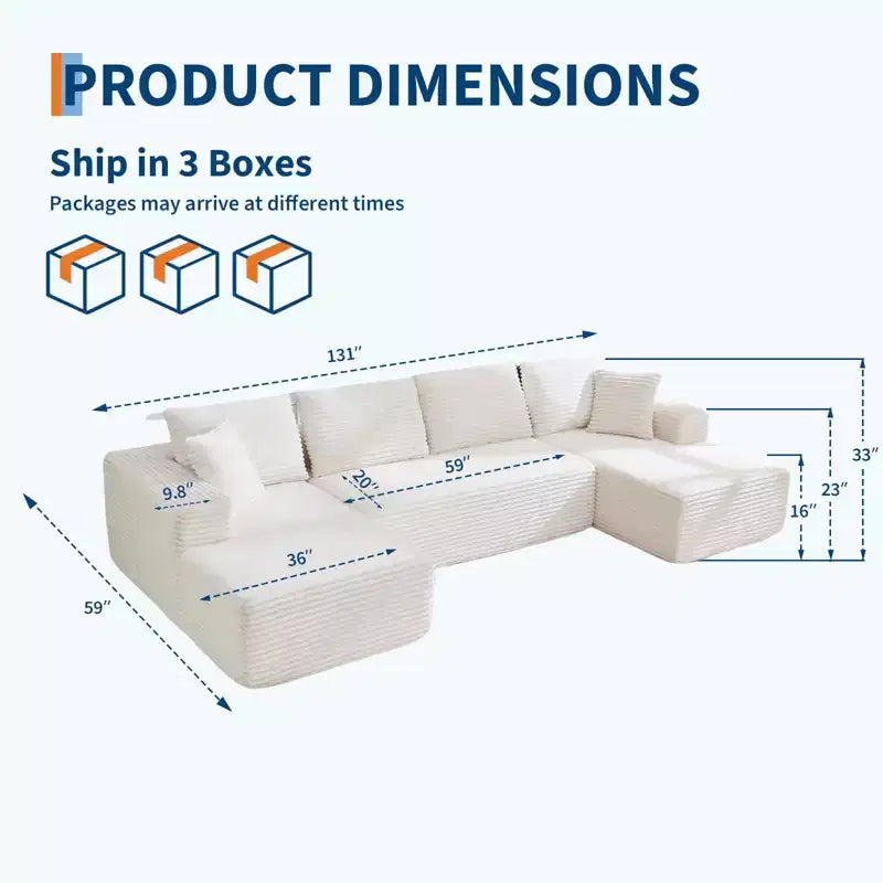 Divano sezionale modulare a nuvola a forma di U da 130'' con 2 chaise longue, divano a 4 posti in velluto a coste con seduta profonda e cuscini per soggiorno