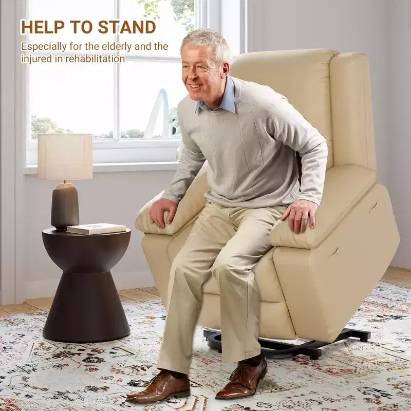 Poltrona reclinabile elevabile per anziani, divano elettrico massaggiante e riscaldato con telecomando, in pelle PU, con tasca laterale, beige