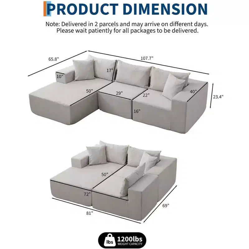 Divano componibile modulare Cloud a 108 pollici con chaise longue a L - Divano moderno con seduta profonda per soggiorno