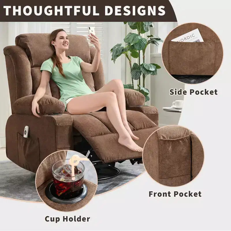 Poltrona reclinabile a dondolo COZONY con calore e massaggio - Girevole a 360°, divano singolo oversize con 3 posizioni, porte USB, portabicchieri, tasche laterali