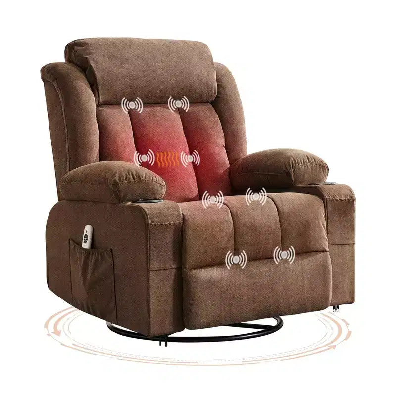 Poltrona reclinabile a dondolo COZONY con calore e massaggio - Girevole a 360°, divano singolo oversize con 3 posizioni, porte USB, portabicchieri, tasche laterali