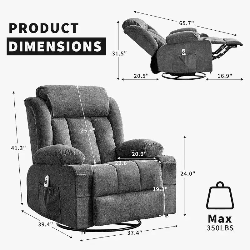 Poltrona reclinabile a dondolo COZONY con calore e massaggio - Girevole a 360°, divano singolo oversize con 3 posizioni, porte USB, portabicchieri, tasche laterali