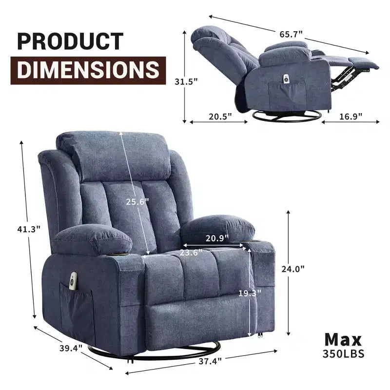 Poltrona reclinabile a dondolo COZONY con calore e massaggio - Girevole a 360°, divano singolo oversize con 3 posizioni, porte USB, portabicchieri, tasche laterali