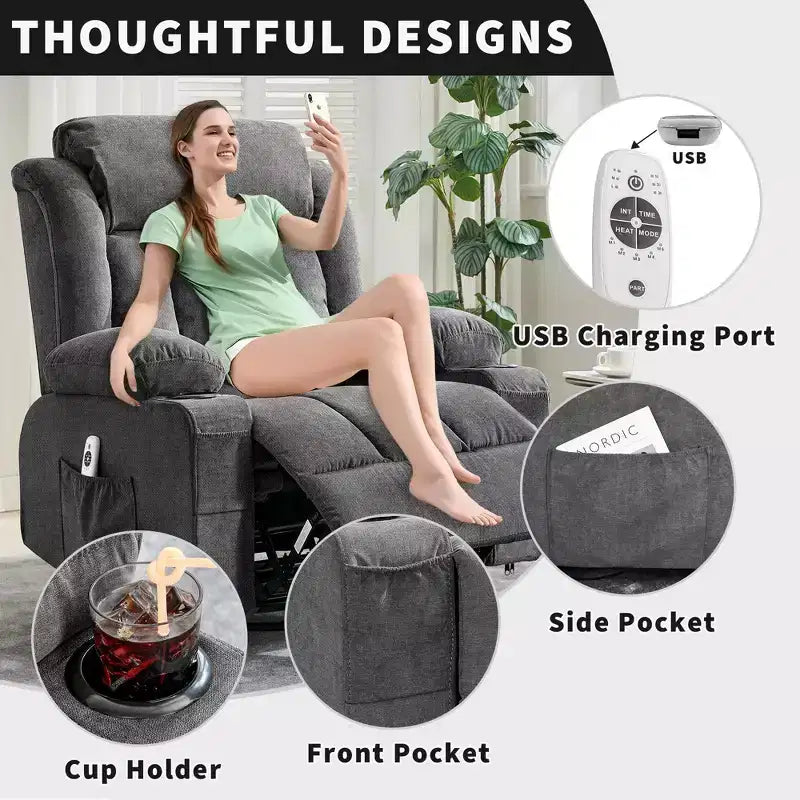 Poltrona reclinabile a dondolo COZONY con calore e massaggio - Girevole a 360°, divano singolo oversize con 3 posizioni, porte USB, portabicchieri, tasche laterali