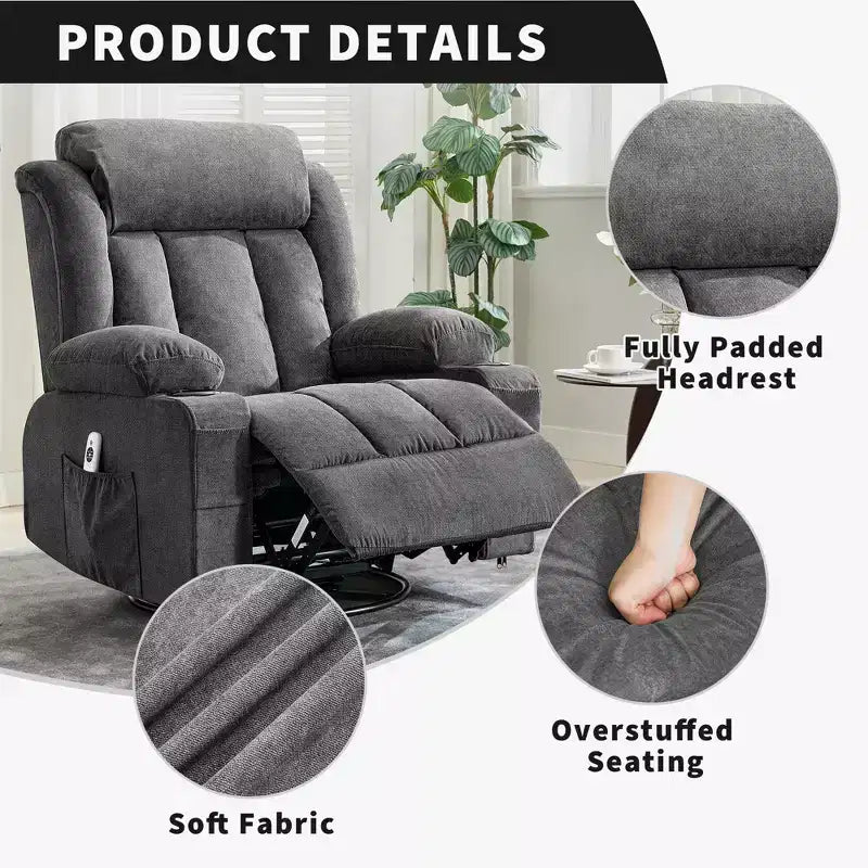 Poltrona reclinabile a dondolo COZONY con calore e massaggio - Girevole a 360°, divano singolo oversize con 3 posizioni, porte USB, portabicchieri, tasche laterali