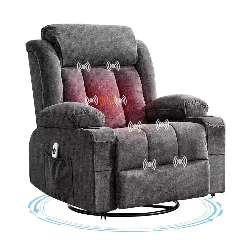 Poltrona reclinabile a dondolo COZONY con calore e massaggio - Girevole a 360°, divano singolo oversize con 3 posizioni, porte USB, portabicchieri, tasche laterali