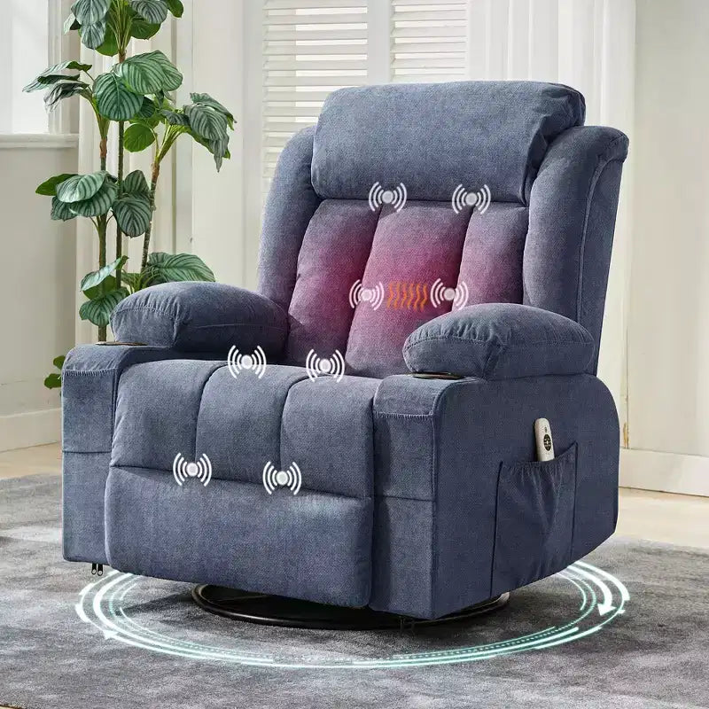 Poltrona reclinabile a dondolo COZONY con calore e massaggio - Girevole a 360°, divano singolo oversize con 3 posizioni, porte USB, portabicchieri, tasche laterali