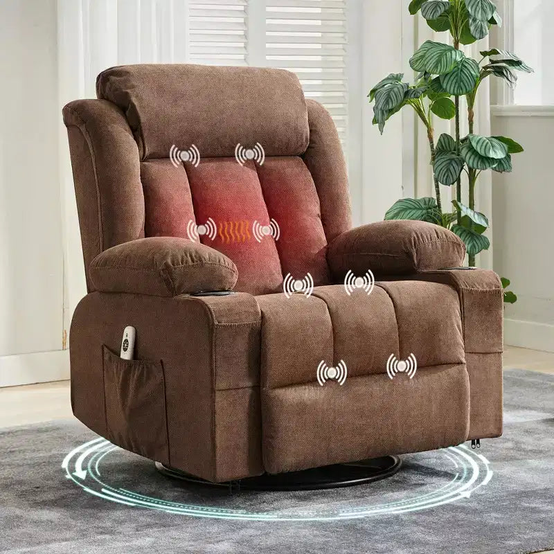 Poltrona reclinabile a dondolo COZONY con calore e massaggio - Girevole a 360°, divano singolo oversize con 3 posizioni, porte USB, portabicchieri, tasche laterali