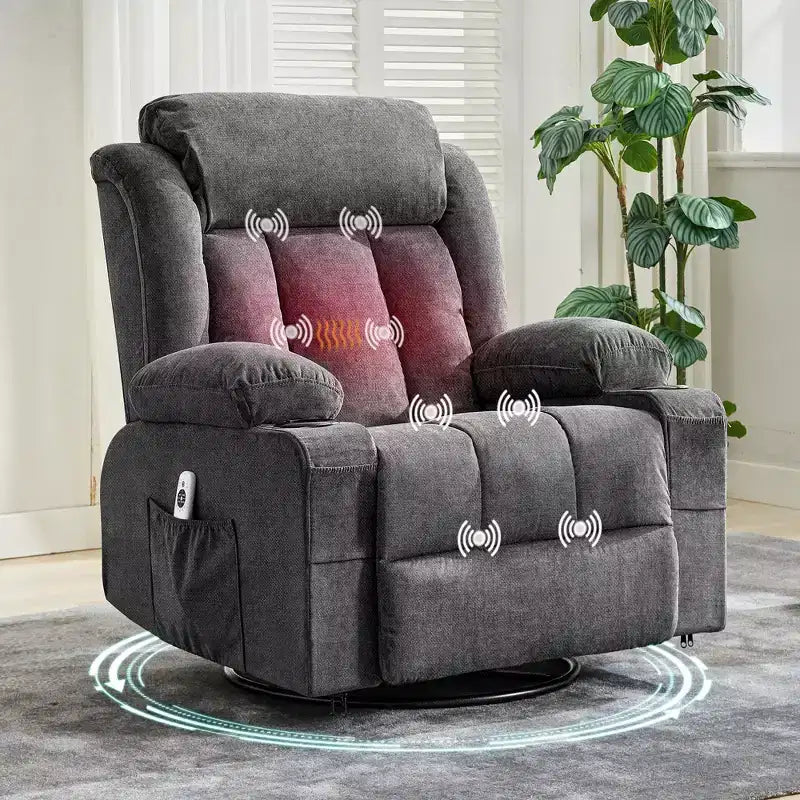 Poltrona reclinabile a dondolo COZONY con calore e massaggio - Girevole a 360°, divano singolo oversize con 3 posizioni, porte USB, portabicchieri, tasche laterali