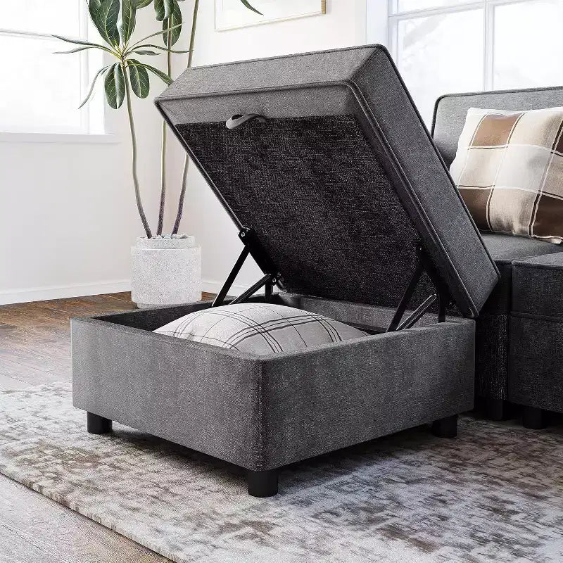 Divano componibile COZONY, a forma di U/L, reversibile, con seduta contenitore, grigio
