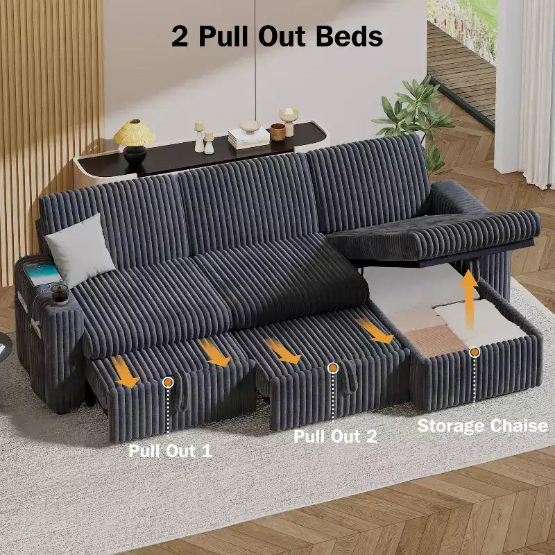 Divano letto componibile Dyonery con divano estraibile trasformabile con chaise longue contenitore e tasca laterale, per soggiorno e appartamento