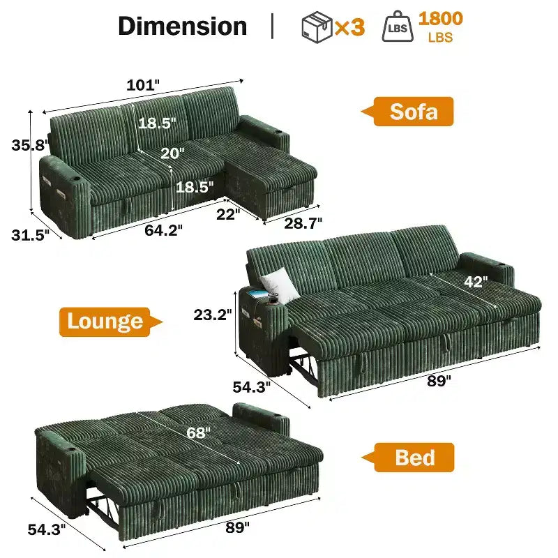 Divano letto componibile Dyonery con divano estraibile trasformabile con chaise longue contenitore e tasca laterale, per soggiorno e appartamento