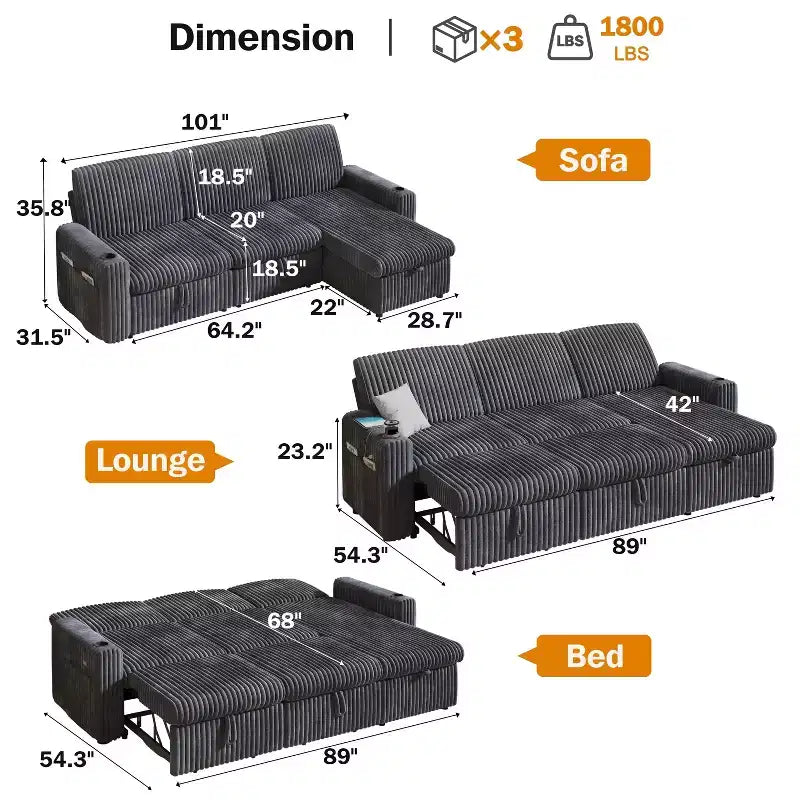 Divano letto componibile Dyonery con divano estraibile trasformabile con chaise longue contenitore e tasca laterale, per soggiorno e appartamento