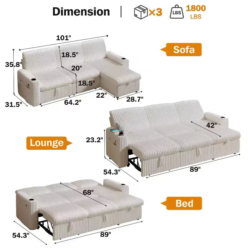 Divano letto componibile Dyonery con divano estraibile trasformabile con chaise longue contenitore e tasca laterale, per soggiorno e appartamento