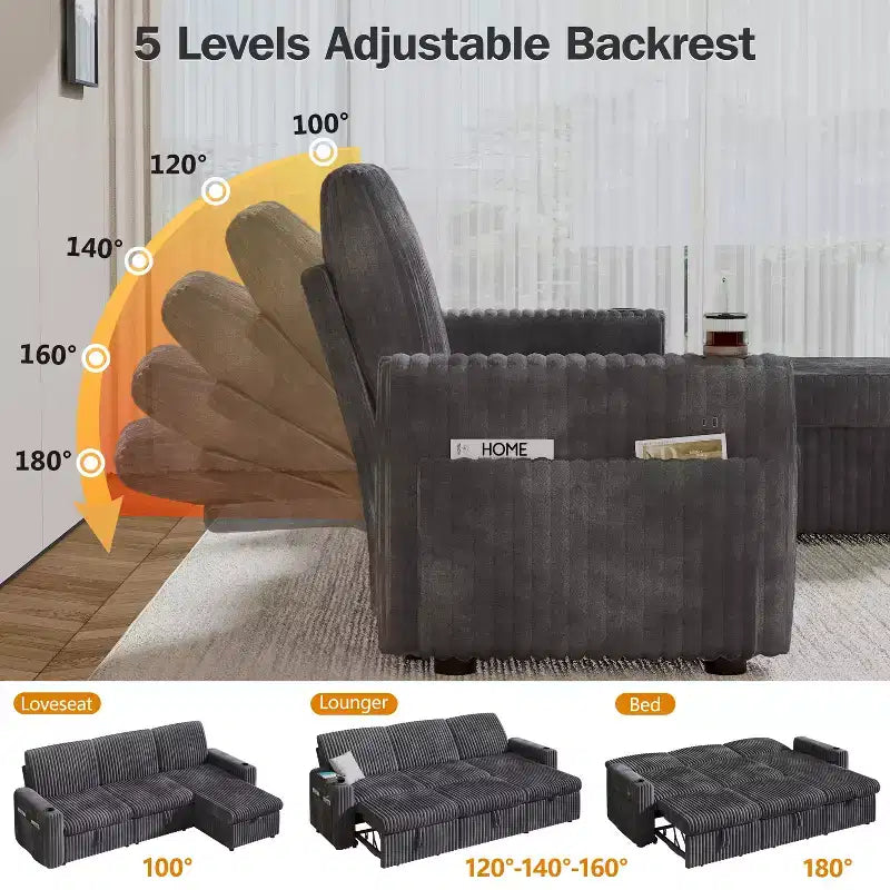 Divano letto componibile Dyonery con divano estraibile trasformabile con chaise longue contenitore e tasca laterale, per soggiorno e appartamento