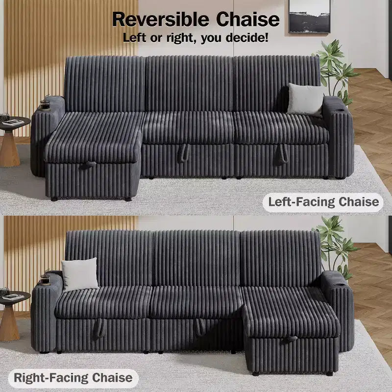 Divano letto componibile Dyonery con divano estraibile trasformabile con chaise longue contenitore e tasca laterale, per soggiorno e appartamento