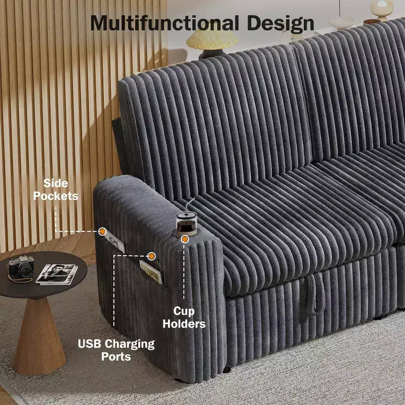 Divano letto componibile Dyonery con divano estraibile trasformabile con chaise longue contenitore e tasca laterale, per soggiorno e appartamento
