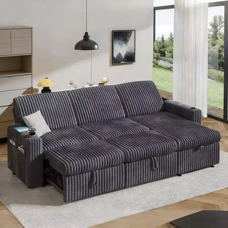 Divano letto componibile Dyonery con divano estraibile trasformabile con chaise longue contenitore e tasca laterale, per soggiorno e appartamento