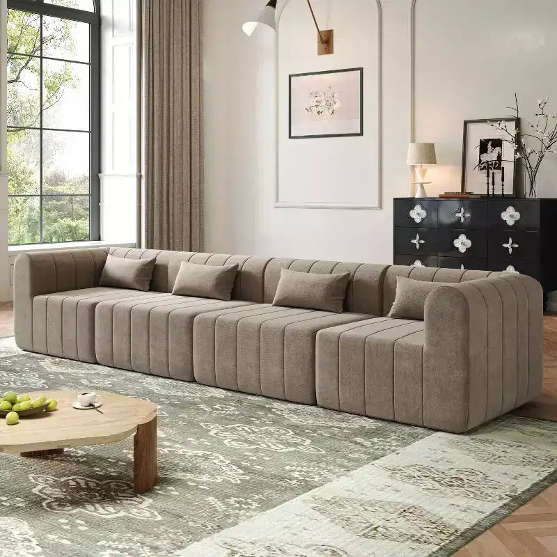 Divano componibile modulare MAYEERTY da 145,5 pollici con rivestimento in poliestere beige, divano in spugna compressa a 4 pezzi per soggiorno