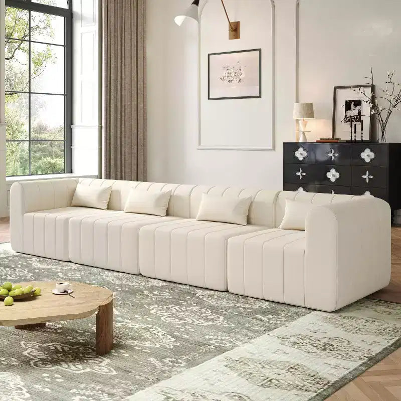 Divano componibile modulare MAYEERTY da 145,5 pollici con rivestimento in poliestere beige, divano in spugna compressa a 4 pezzi per soggiorno