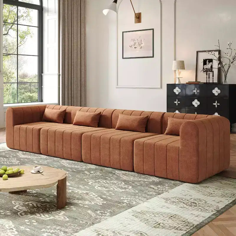 Divano componibile modulare MAYEERTY da 145,5 pollici con rivestimento in poliestere beige, divano in spugna compressa a 4 pezzi per soggiorno