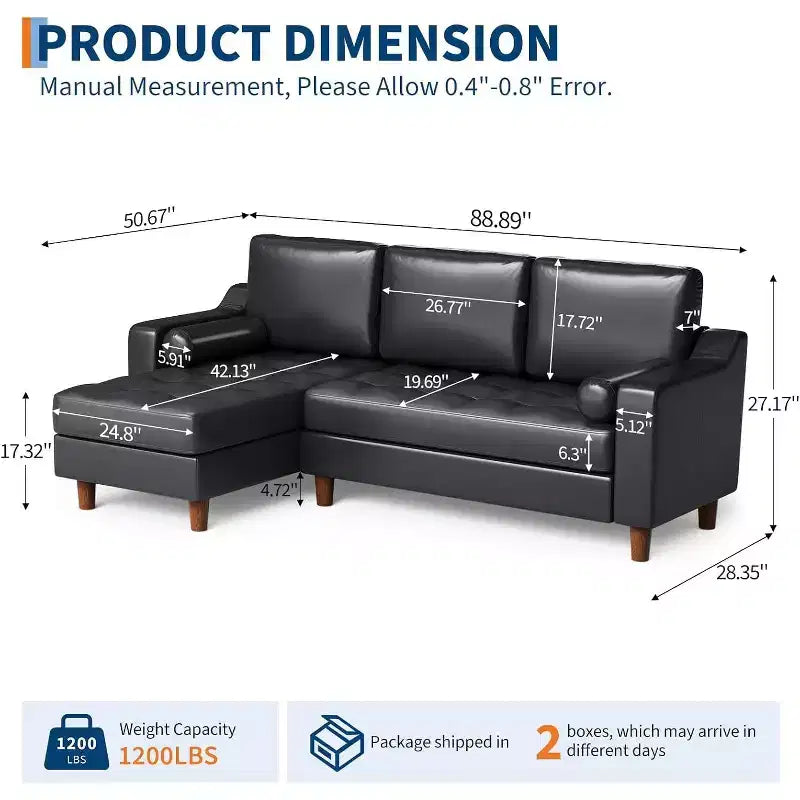 Divano angolare a L da 88,9" con chaise longue convertibile, divano moderno a 3 posti in finta pelle in stile Mid-Century, seduta profonda per soggiorno, appartamento, arancione