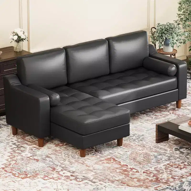 Divano angolare a L da 88,9" con chaise longue convertibile, divano moderno a 3 posti in finta pelle in stile Mid-Century, seduta profonda per soggiorno, appartamento, arancione