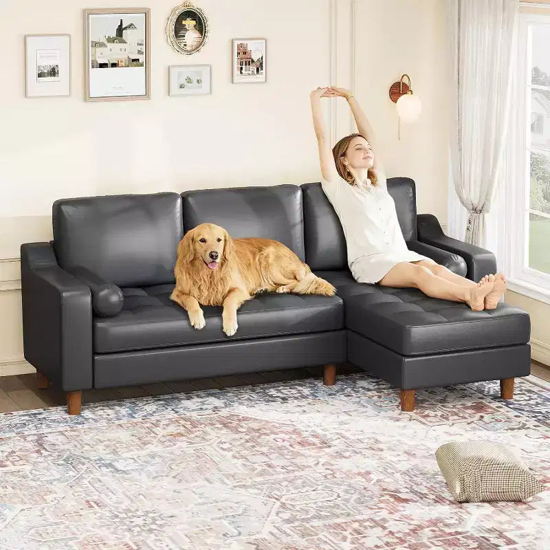 Divano angolare a L da 88,9" con chaise longue convertibile, divano moderno a 3 posti in finta pelle in stile Mid-Century, seduta profonda per soggiorno, appartamento, arancione