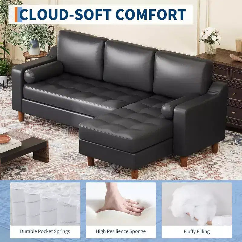 Divano angolare a L da 88,9" con chaise longue convertibile, divano moderno a 3 posti in finta pelle in stile Mid-Century, seduta profonda per soggiorno, appartamento, arancione