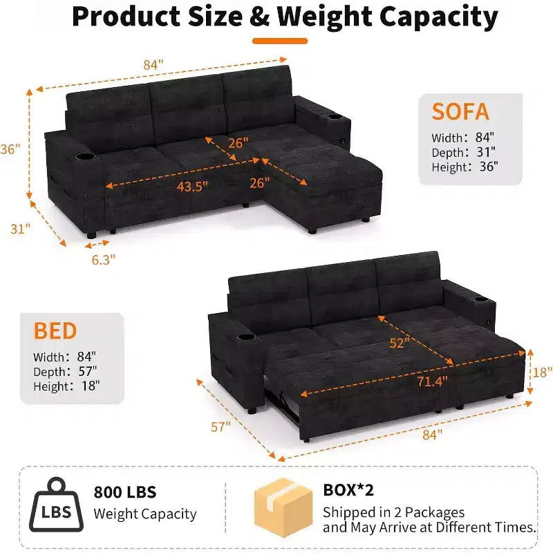 Divano Letto da 84''Divano Letto Sezionale a L con Letto EstraibilePenisole Reversibili con ContenitoreBraccioli con Contenitore a ScomparsaPortabicchieri e Porte di Ricarica USB