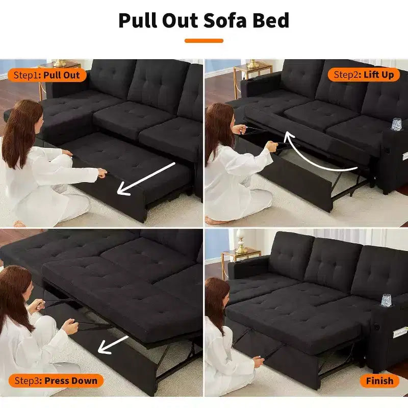 Divano Letto da 84''Divano Letto Sezionale a L con Letto EstraibilePenisole Reversibili con ContenitoreBraccioli con Contenitore a ScomparsaPortabicchieri e Porte di Ricarica USB
