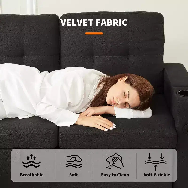 Divano Letto da 84''Divano Letto Sezionale a L con Letto EstraibilePenisole Reversibili con ContenitoreBraccioli con Contenitore a ScomparsaPortabicchieri e Porte di Ricarica USB