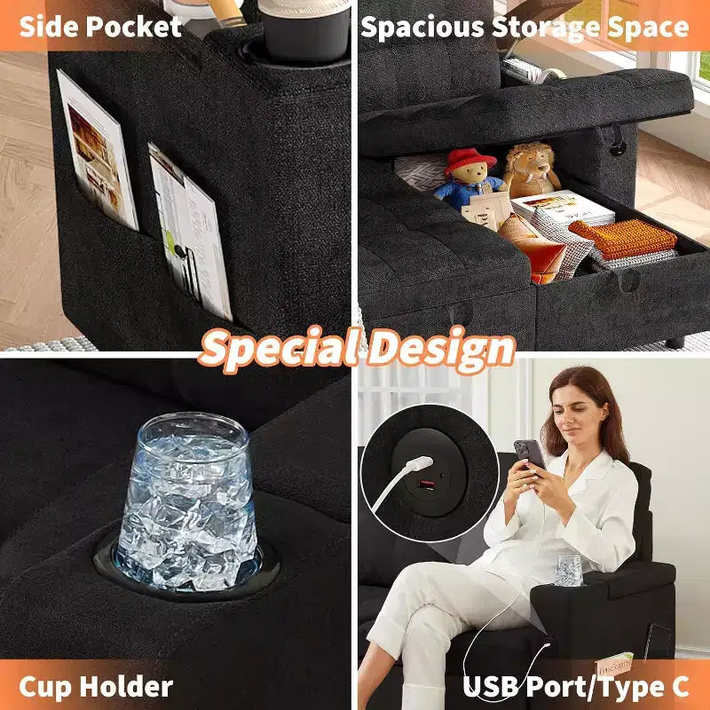 Divano Letto da 84''Divano Letto Sezionale a L con Letto EstraibilePenisole Reversibili con ContenitoreBraccioli con Contenitore a ScomparsaPortabicchieri e Porte di Ricarica USB