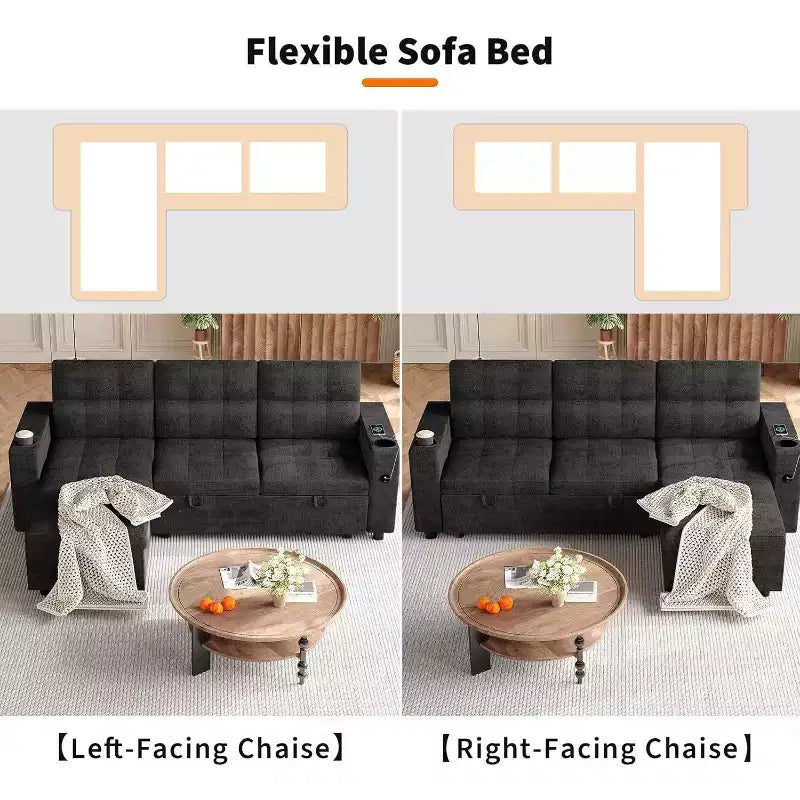 Divano Letto da 84''Divano Letto Sezionale a L con Letto EstraibilePenisole Reversibili con ContenitoreBraccioli con Contenitore a ScomparsaPortabicchieri e Porte di Ricarica USB