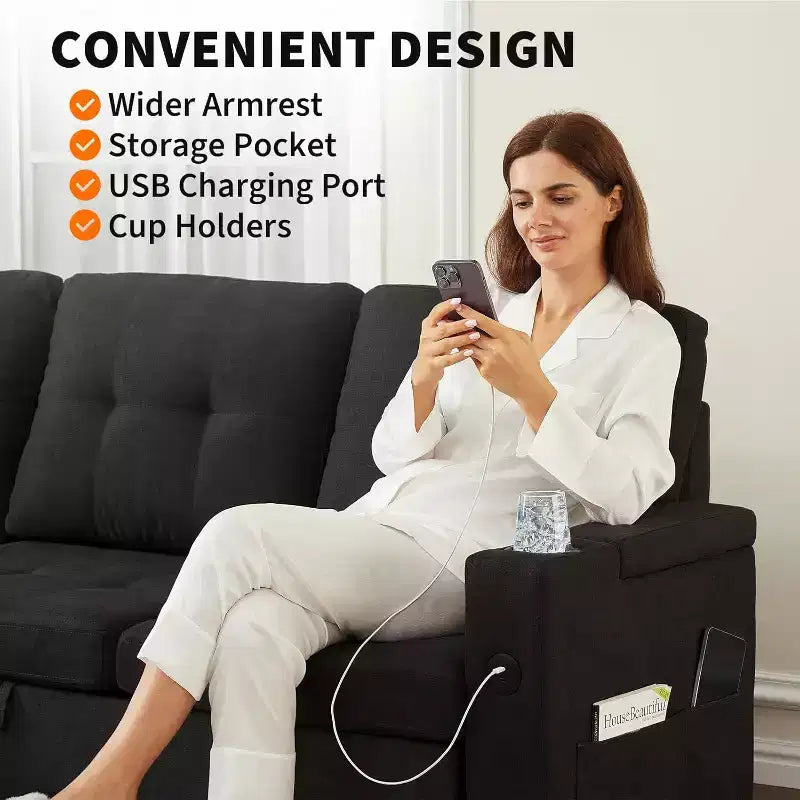 Divano Letto da 84''Divano Letto Sezionale a L con Letto EstraibilePenisole Reversibili con ContenitoreBraccioli con Contenitore a ScomparsaPortabicchieri e Porte di Ricarica USB