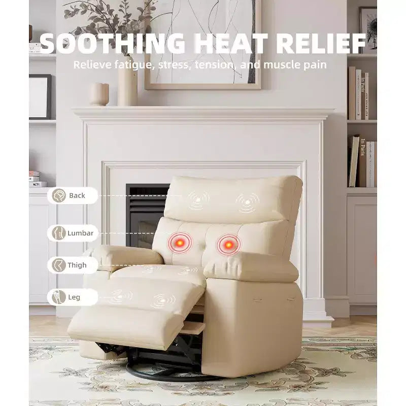Poltrona reclinabile oversize con funzione calore e massaggio, poltrona reclinabile manuale a dondolo con telecomando per adulti, soggiorno/camera da letto/cameretta, color crema