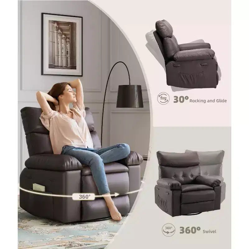 Poltrona reclinabile oversize con funzione calore e massaggio, poltrona reclinabile manuale a dondolo con telecomando per adulti, soggiorno/camera da letto/cameretta, color crema