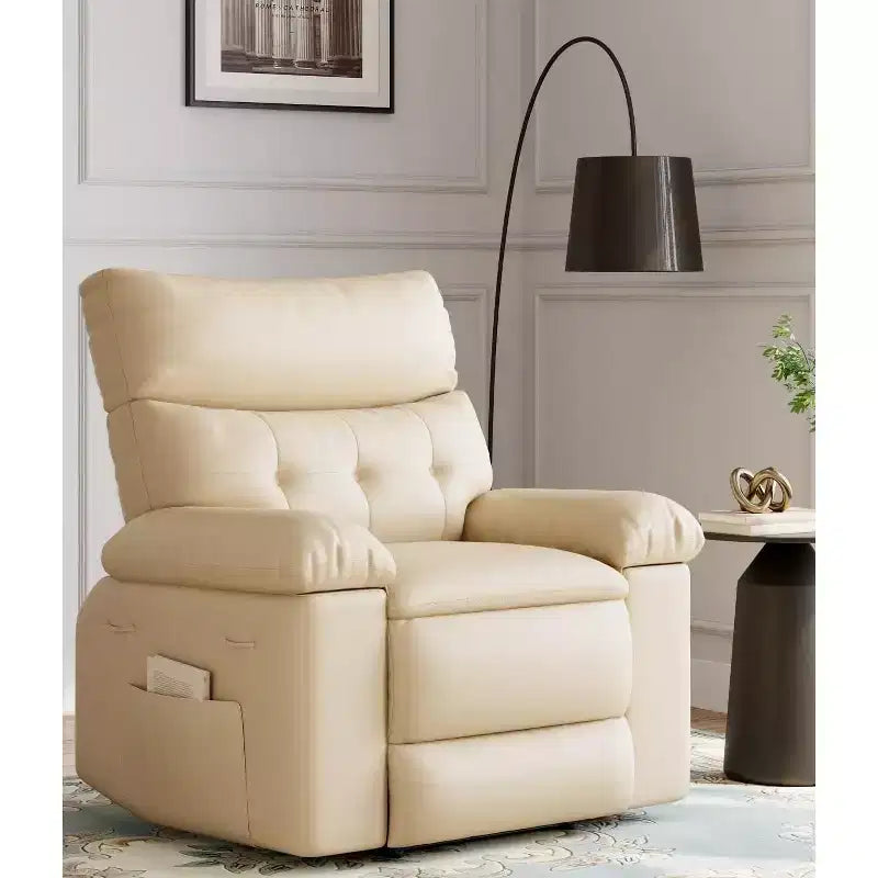 Poltrona reclinabile oversize con funzione calore e massaggio, poltrona reclinabile manuale a dondolo con telecomando per adulti, soggiorno/camera da letto/cameretta, color crema